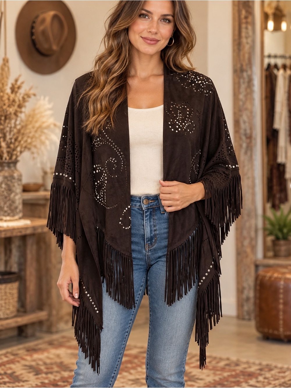 ✨ Western Faux-Suede Studded Fringe Shawl/Wrap ✨